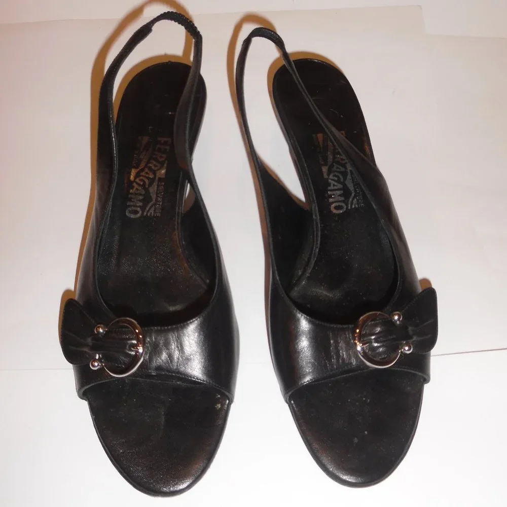 Salvatore Ferragamo Black Leather Kitten Heels Buckle Gancini  Sandals Shoes - Picture 7 of 15